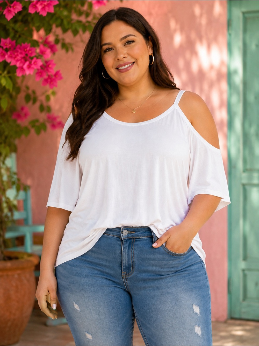 A.gain Cold-Shoulder Plus Size White Top Size 2X